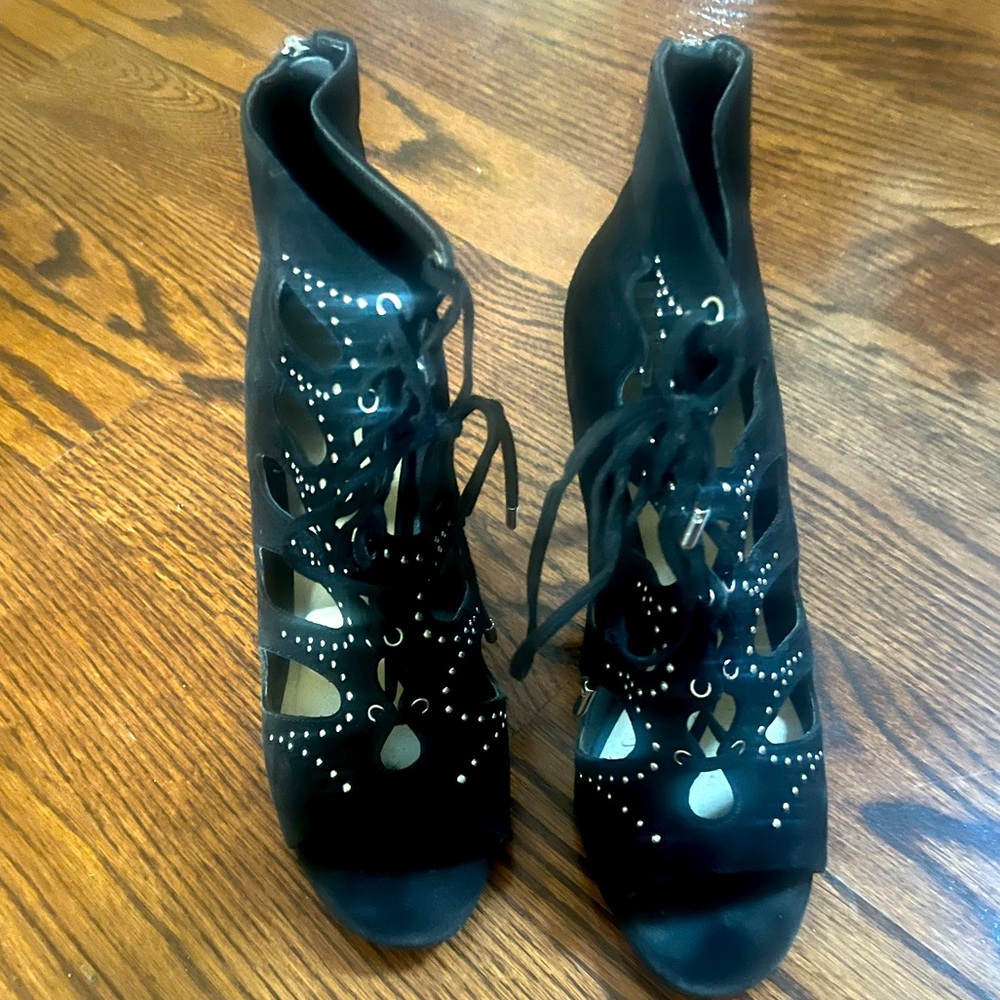 Ivanka Trump black peep toe lace up heels
